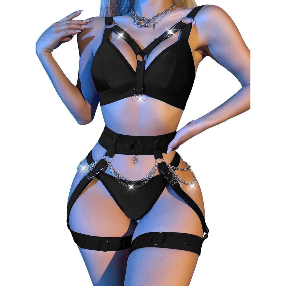 Women's Black Sexy Chain Strappy Garter Belt Lingerie Set Rave Outfits
